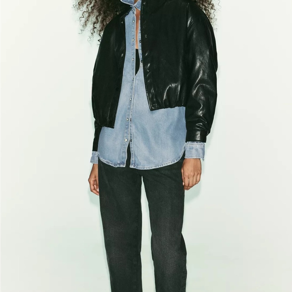 Black Leather Jacket with Denim Shirt